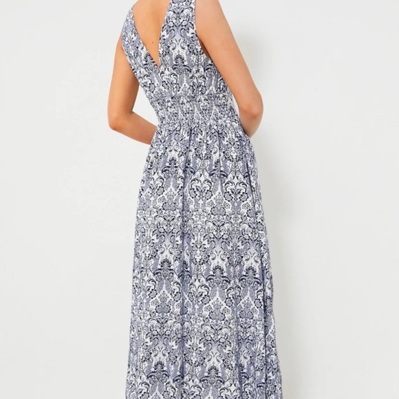 Hyacinth House Maxi Tuckernuck Navy Scroll Print Toula Linen Keyhole Dress XS - Picture 2 of 15